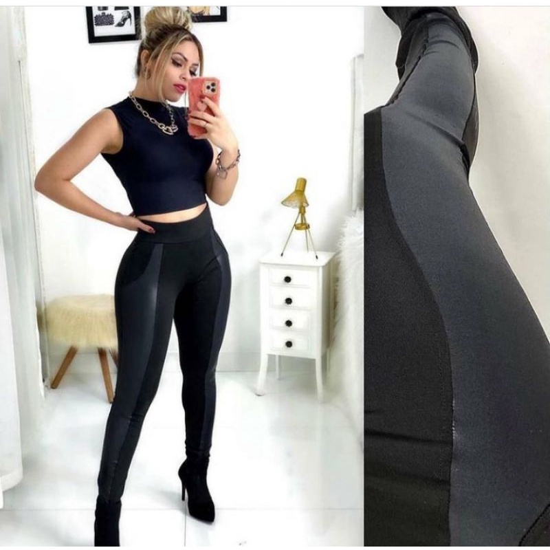 Calça Legging Montaria com Couro na Lateral Flanelada