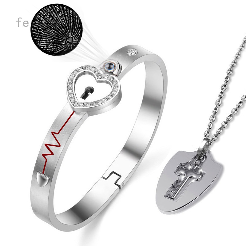 Gustave Heart Love Lock Bracelet with Lock Key Pendant Titanium Steel Bangle  Couple Sets + Box (Silver) 