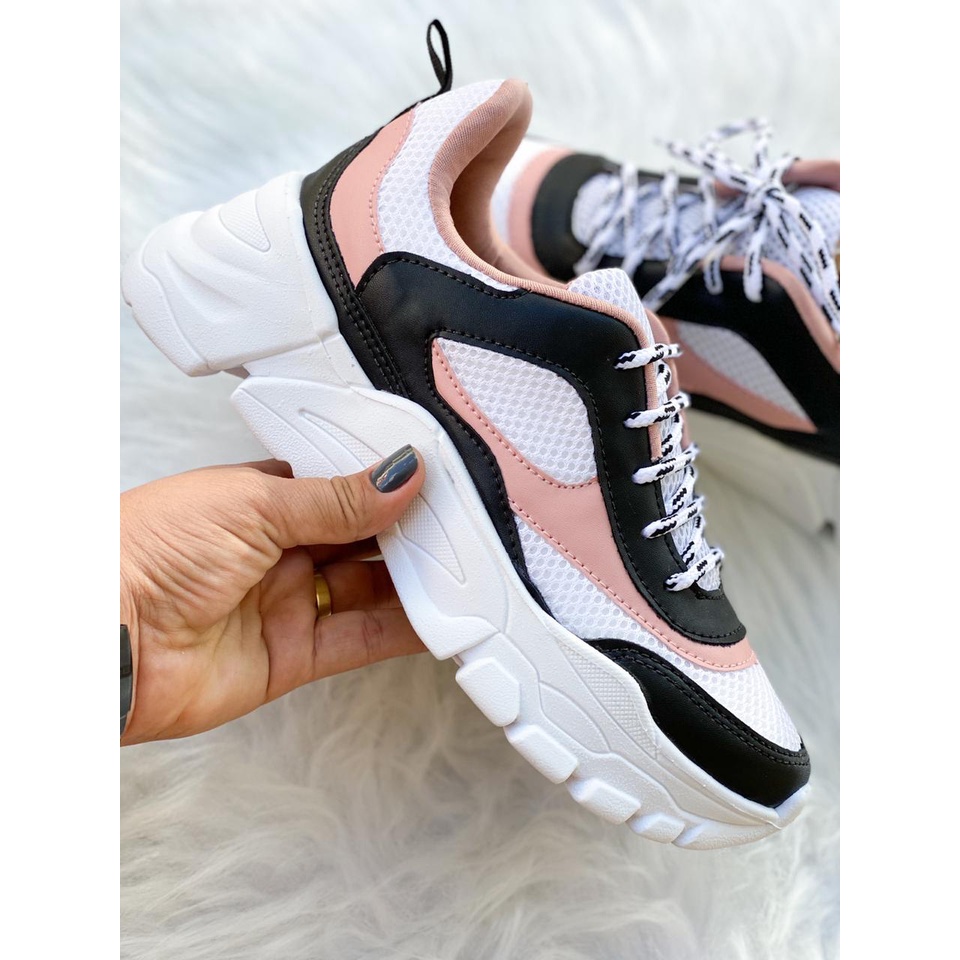 T nis Sneaker Feminino Plataforma Chunky Branco e Rosa Shopee Brasil