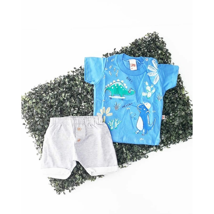 Conjunto Bebê Menino Body e Saruel Dino Azul/Mescla Livy Malhas