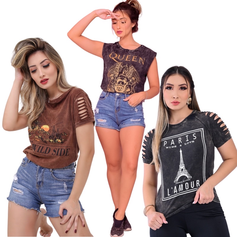 Kit 3 T-shirts Blusas Femininas Roupas Promoção Barato