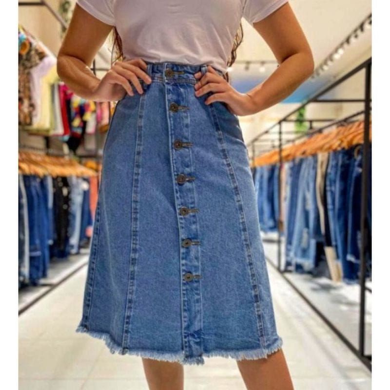 Saia jeans cheap botoes midi