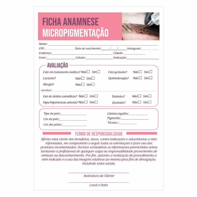 Ficha de Anamnese para Micropigmentação, Lash Lifting, 