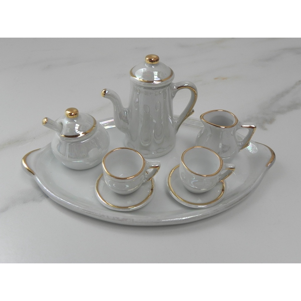 Jogo de miniatura de porcelana café chá branco ouro