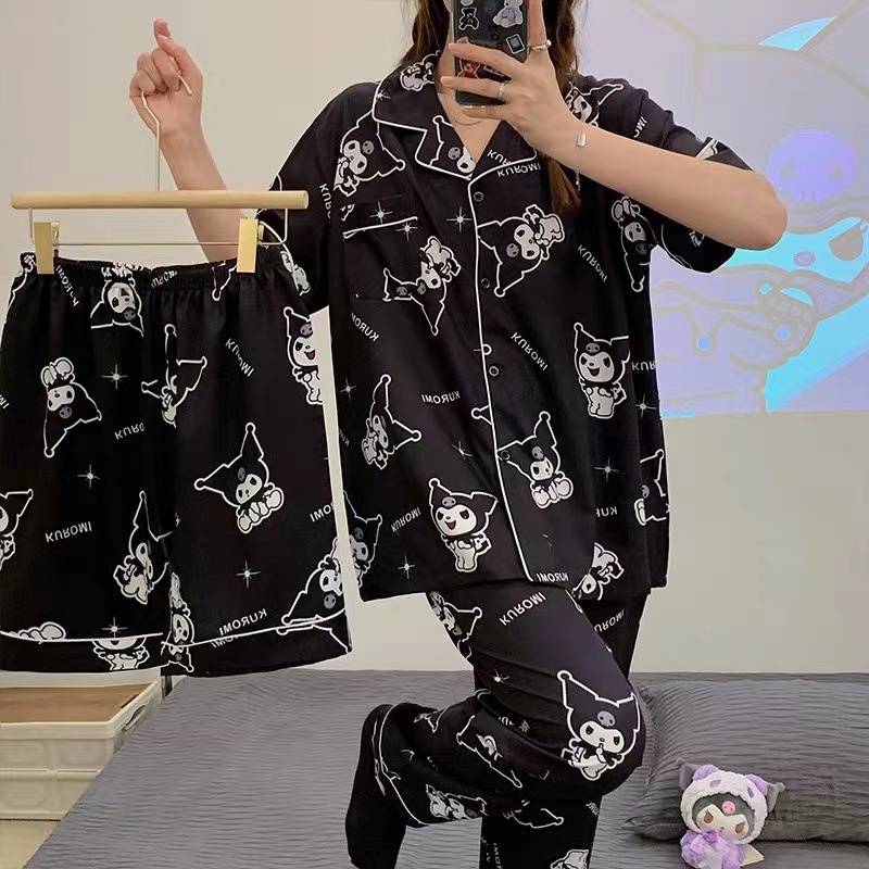 Conjuntos de pijama feminino manga comprida estampa desenho kawaii letras  gola redonda roupas de casa para