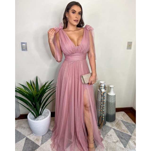 Fábrica dos Vestidos Vestido Longo com Brilho Tendência do P ao Plus Size  Laço no Ombro Dubai