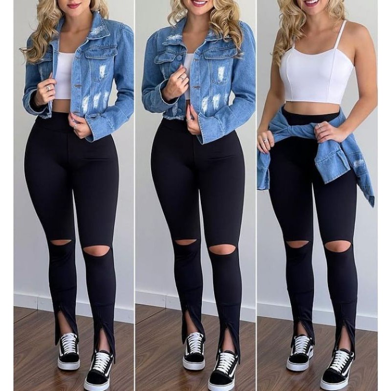 Calça legging Branca com ziper nos joelhos.