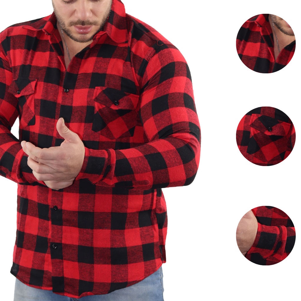 Camisa Social Masculina Xadrez Manga Longa Colarinho Ingles