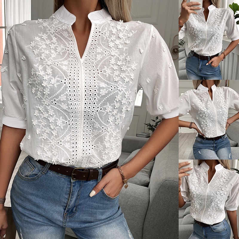 Camisa Feminina Elegante Túnica Com Padrão floral E Furo Redondo Bordado  Meia Manga De Lapela