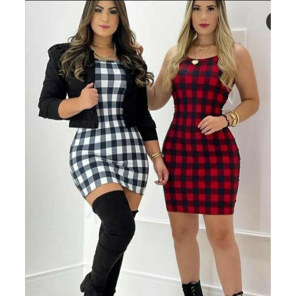 Bota com vestido store xadrez