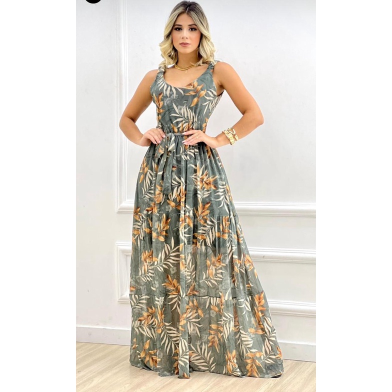 Vestido Tule Plus Size Manga Longa Cor Verde floral