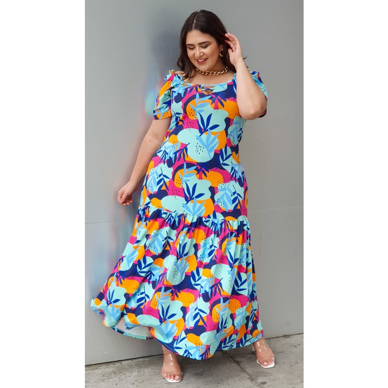 Vestido Plus Size Longo em Crepe Estampado - Moda Maior