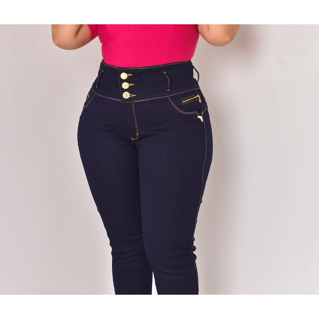 Calça Jeans Feminina Preta 10Botões Modeladora Cós Largo