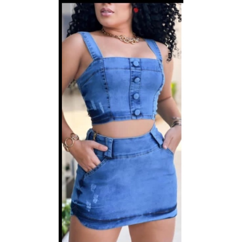 Conjunto jeans feminino saia sales e blusa