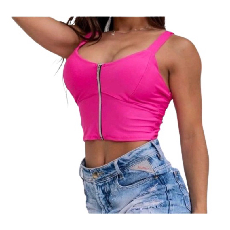 Cropped feminino alcinha com bojo croped zíper abre fecha