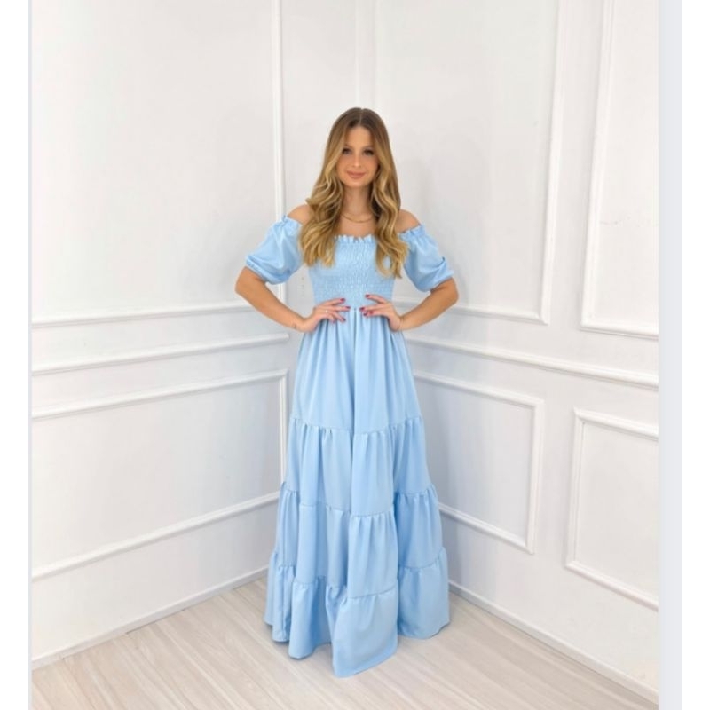 Vestido longo forrado azul claro para ir em casamento, igreja, madrinha,  formatura e festa