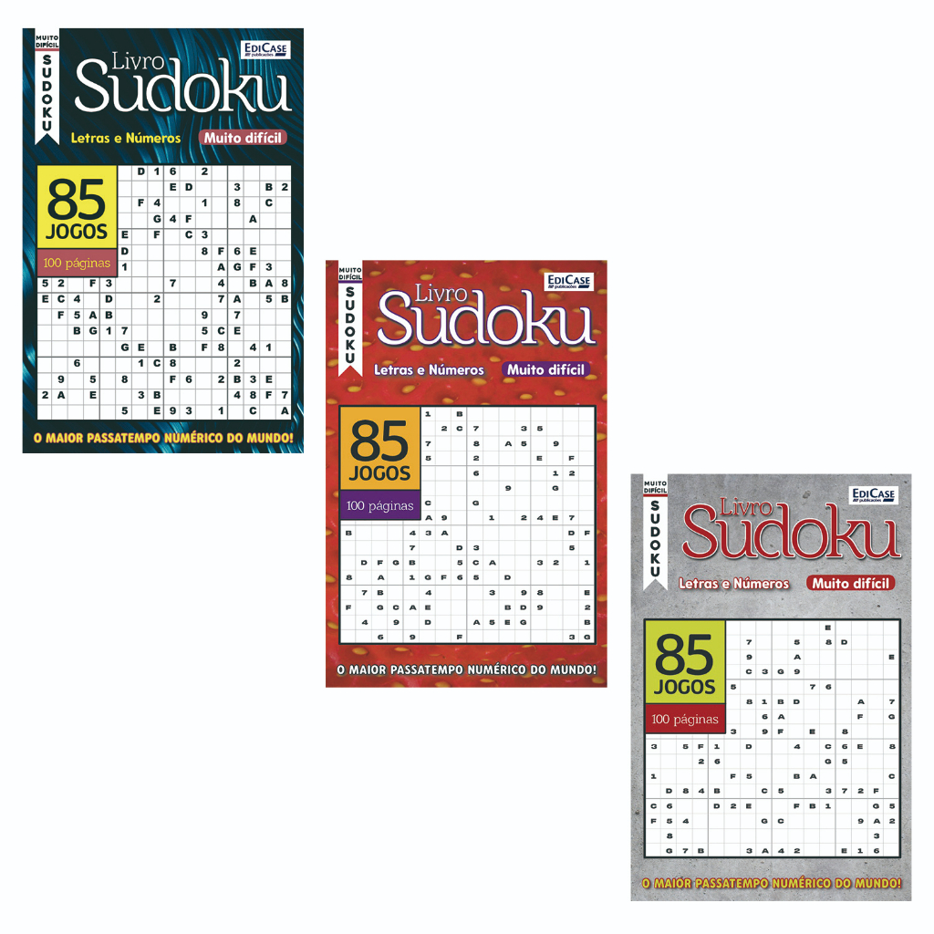 Kit c/ 3 Livros de Sudoku - Muito Difícil - com letras e números 16x16 1  jogo por página