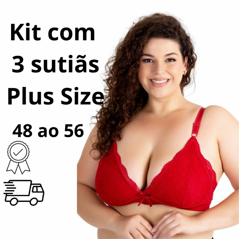 kit com 3 sutiãs plus Size reforçado sem bojo com detalhe em renda