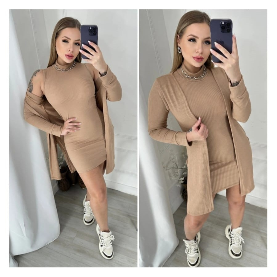 Vestido canelado sale com kimono