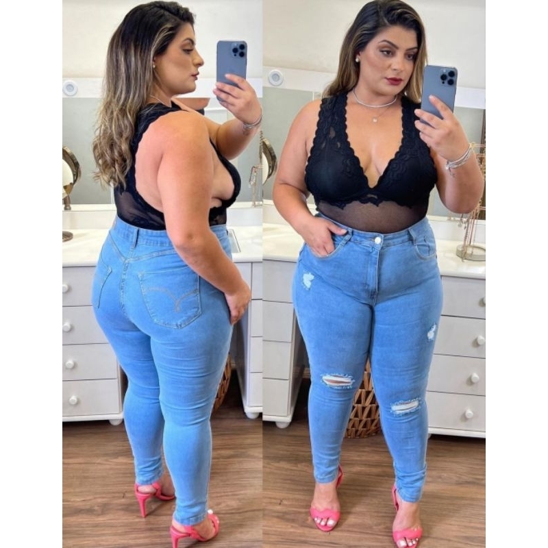 Calça Jeans Feminina Cintura Alta Empina Bumbum Com Lycra Skinny Rasgadinha  Apertadinha Novidade Lançamento 2023