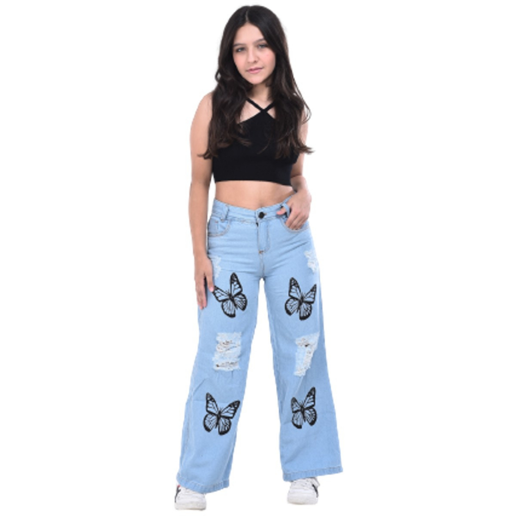 Calça jeans pantalona estampada meninas wide leg infantil juvenil