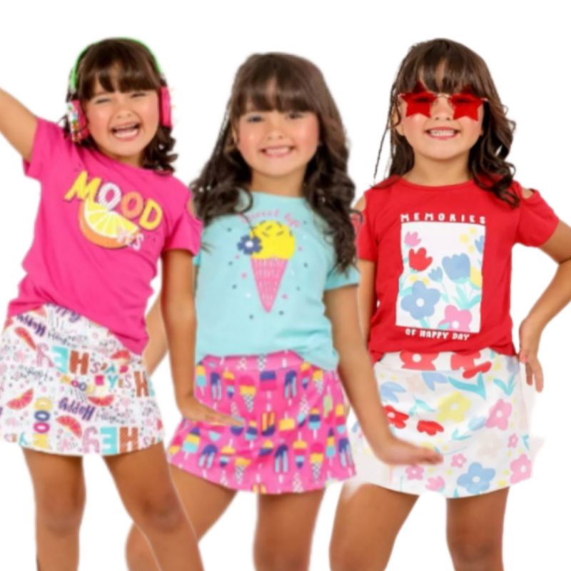 conjunto short e blusa estampado infantil menina colorido verão 2