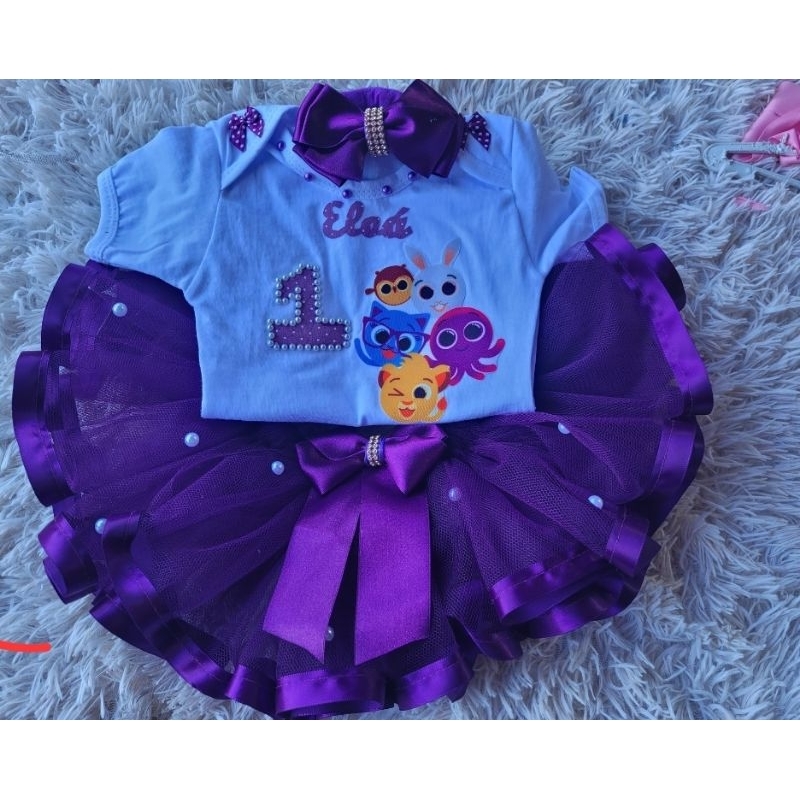 Kit vestido infantil da princesa Sofia + laço cabelo + saia filó