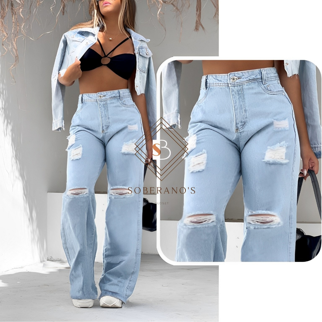 Calça Jeans Wide Leg Plus Size Pantalona Rasgada Escura em Promoção na  Americanas