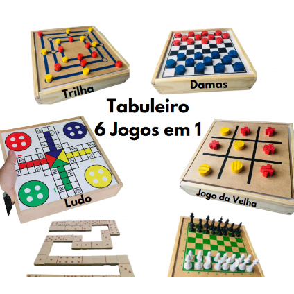 Jogos Clássicos 6 em 1 Dama Xadrez Ludo Trilha Dominó Forca - Erafull