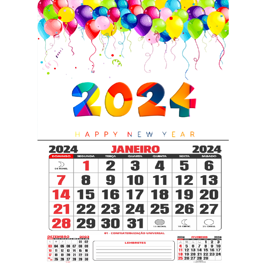 Calendário de parede - Folhinha 2024 - Números Grandes! (Balões)