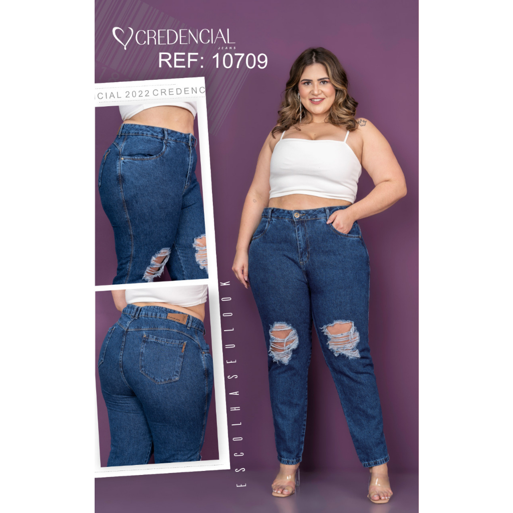 Calça Feminina Jeans Plus Size Mom Cós Alto Tamanho Grande