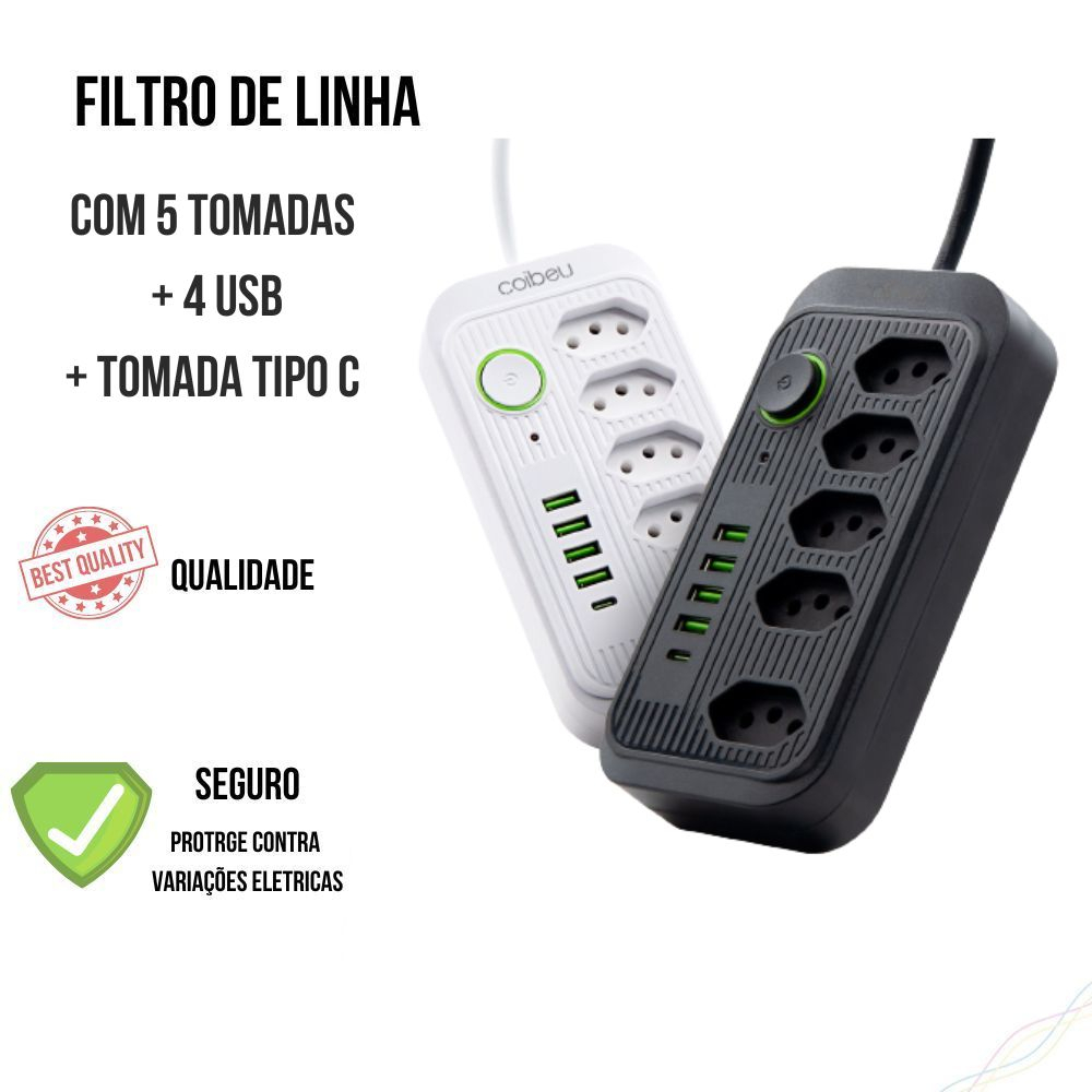 Alargador zapatilla de 4 tomas Bestfer Filtro de Linha ,Extensão Eletrica  ,Regua de Tomadas, Regua Preta 5 tomadas , Extensão de tomadas com botão  liga e desliga com fusivel color blanco 10A