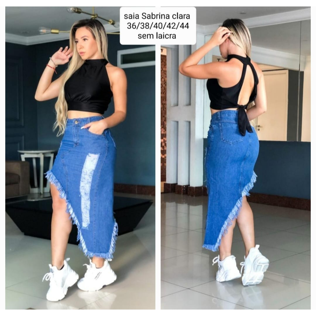 Saia midi feita hot sale de calça jeans