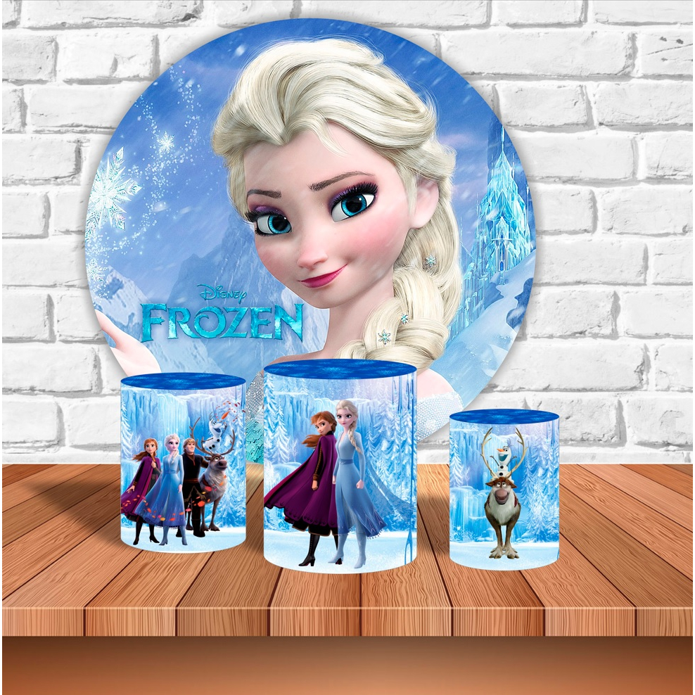 Kit Painel De Festa Frozen 2 Redondo + Trio De Cilindros Em Tecido