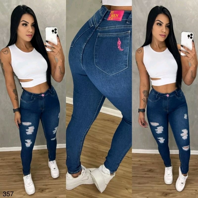 Calça Jeans Feminina Destroid Sal e Pimenta moda Plus Size