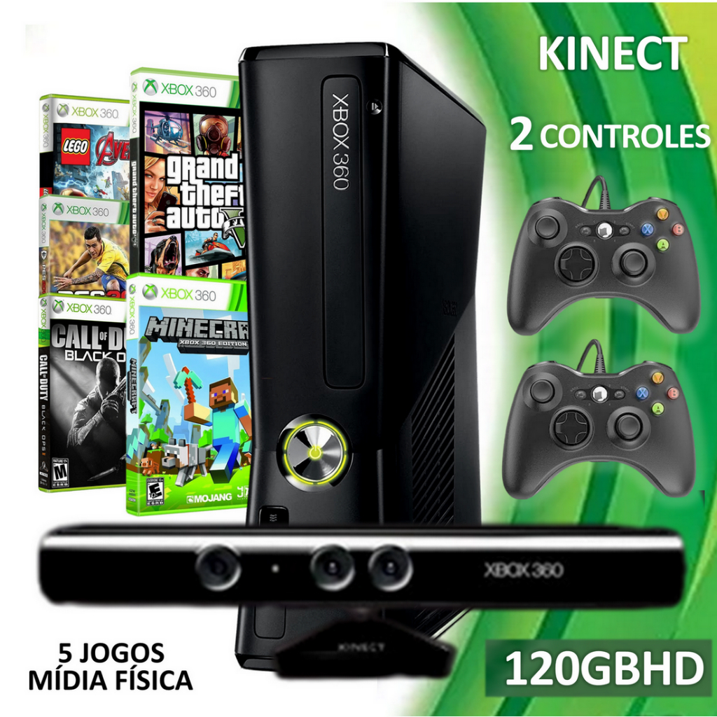 Xbox 360 Slim 4GB, Kinect, 2 Controles, 4 Jogos - Microsoft - Nova, tem  como jogar online no xbox 360 