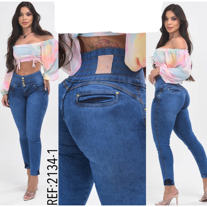 Calça jeans feminina de cintura elástica, com estiramento alto