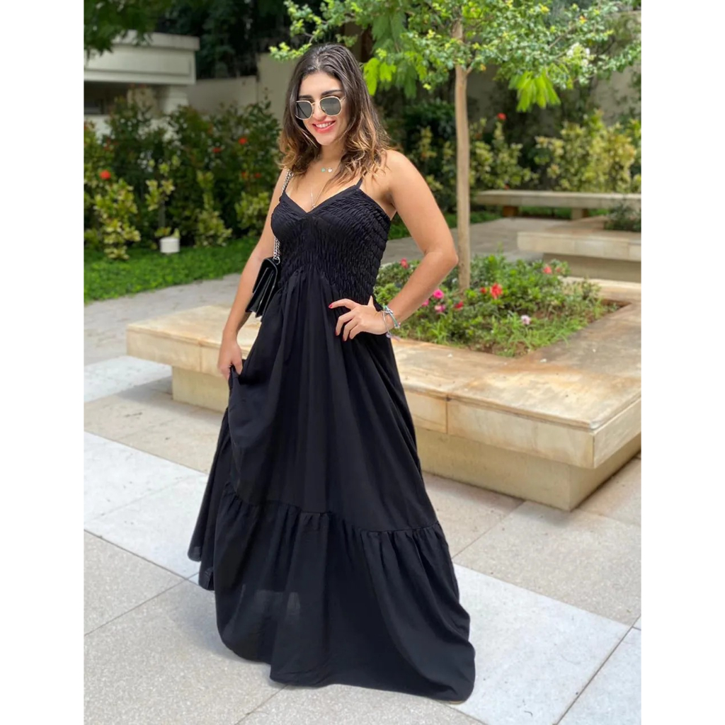 Cia do Vestido Vestido de Verão Midi Khloe Abertura Viscolinho com Fenda  Preto 