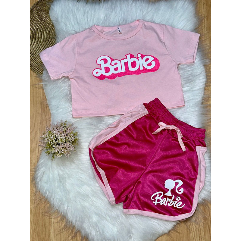 Conjunto Infantil Barbie Roupa Short Blusa Cropped Menina