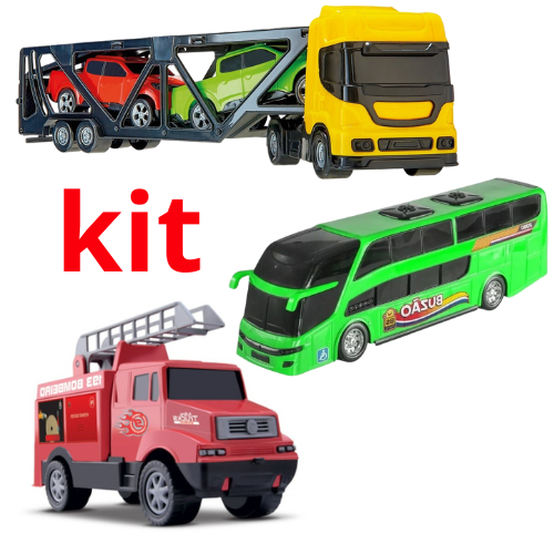 Kit 1 Caminhão Cegonheira C/ 2 Carrinhos Caminhão Reboque Cegonha C/  Carrinho + 1 Onibus Buzão Brinquedo Infantil - Escorrega o Preço