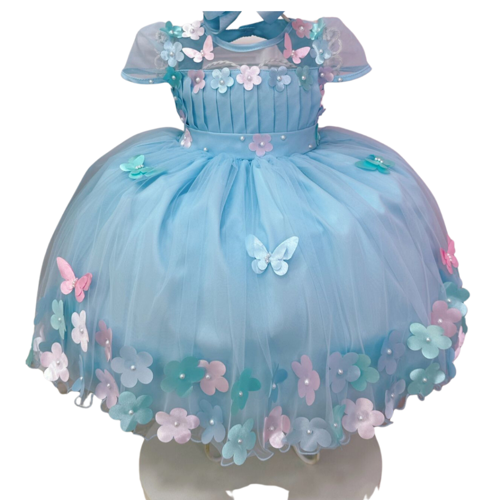 Vestido Infantil Princesa Cinderela / Frozen com Aplique de Flores