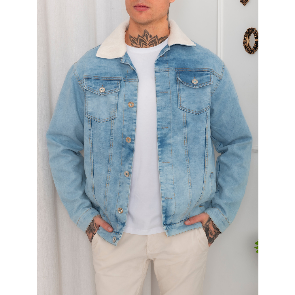 jaqueta jeans masculino gola com alpaca perociado