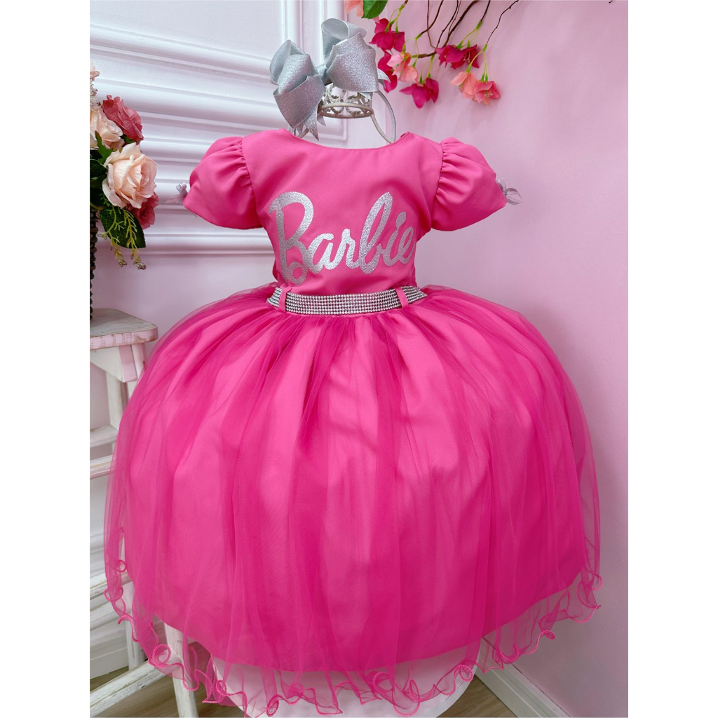 Vestido Infantil Princesa Barbie Rosa Com Aplique de Laço