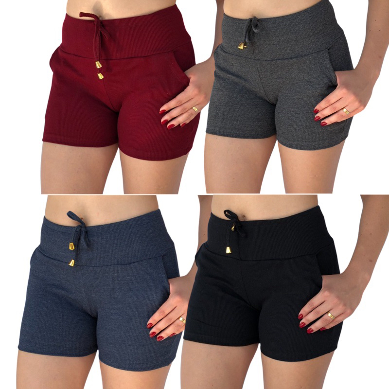 Short feminino Meia coxa cintura alta Canelado Bermuda feminina