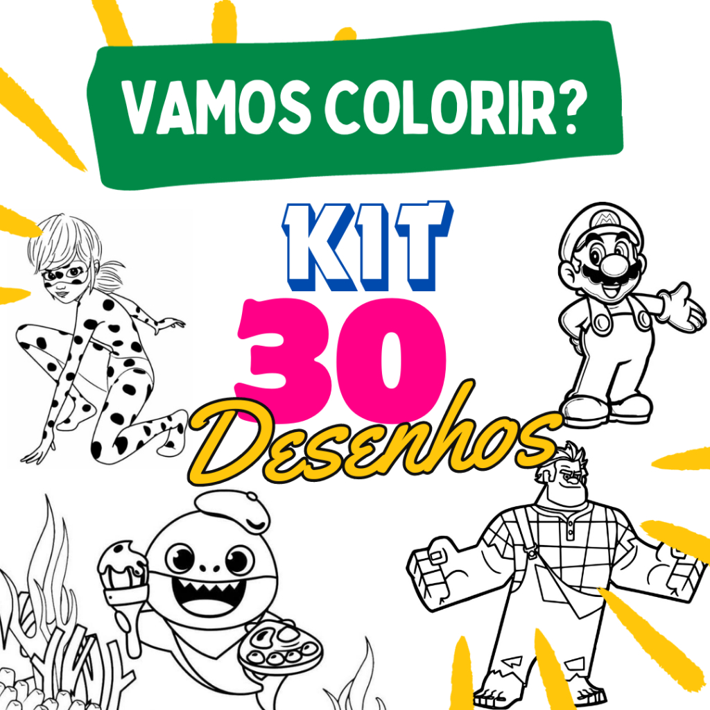 Kit 30 desenhos para Colorir em Folha A4 Sulfite