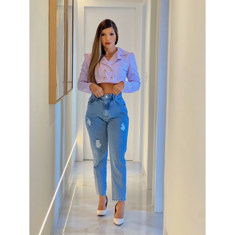 Calça Mom em Jeans com Elástico no Cós e Rasgos Azul