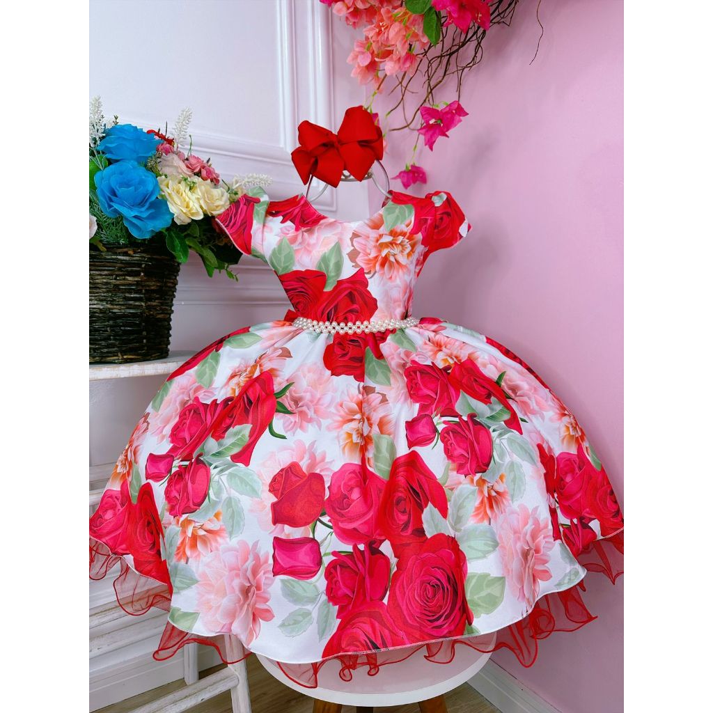 Vestido Infantil Vermelho Florido C/ Cinto de Pérolas Luxo