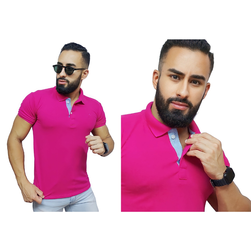 Camisa Polo Plus Size Masculina Lisa com Punho Rosa