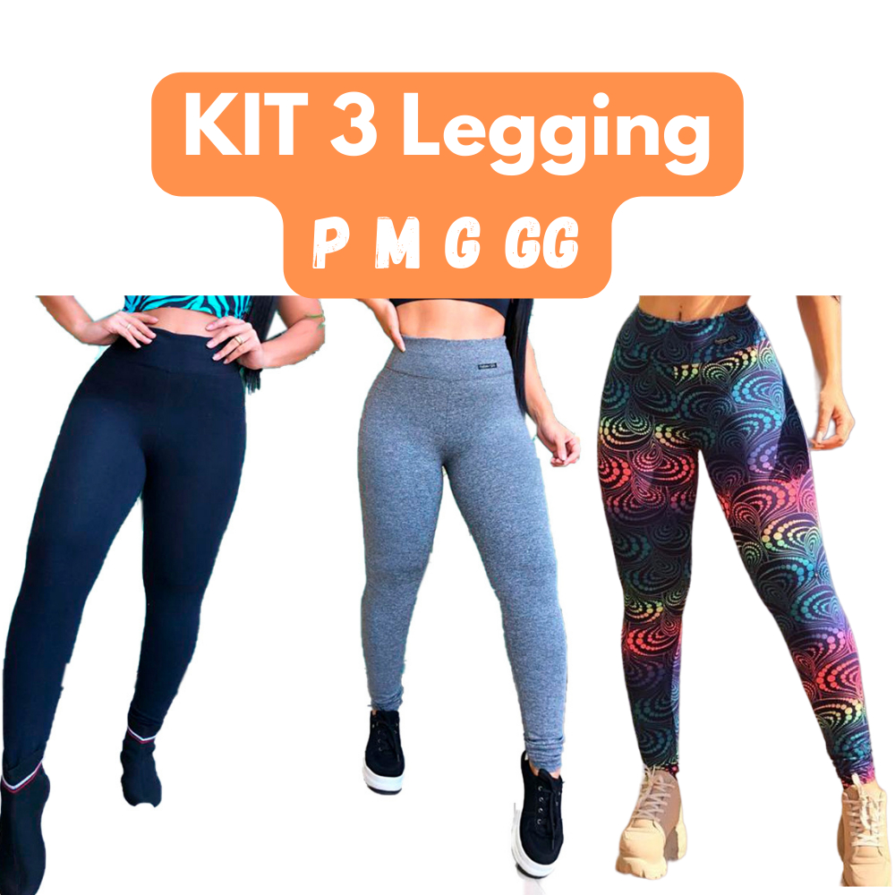 Kit 3 Calça Legging Feminina Moda Básica Cós Alto Atacado