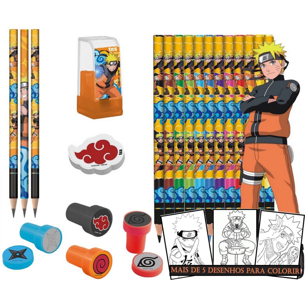 Livro De Pintar Desenho Naruto + 12 Canetinhas Colorida